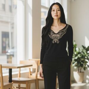 EUC - See by Chloe Black Top with Wooden Beads - Size 6